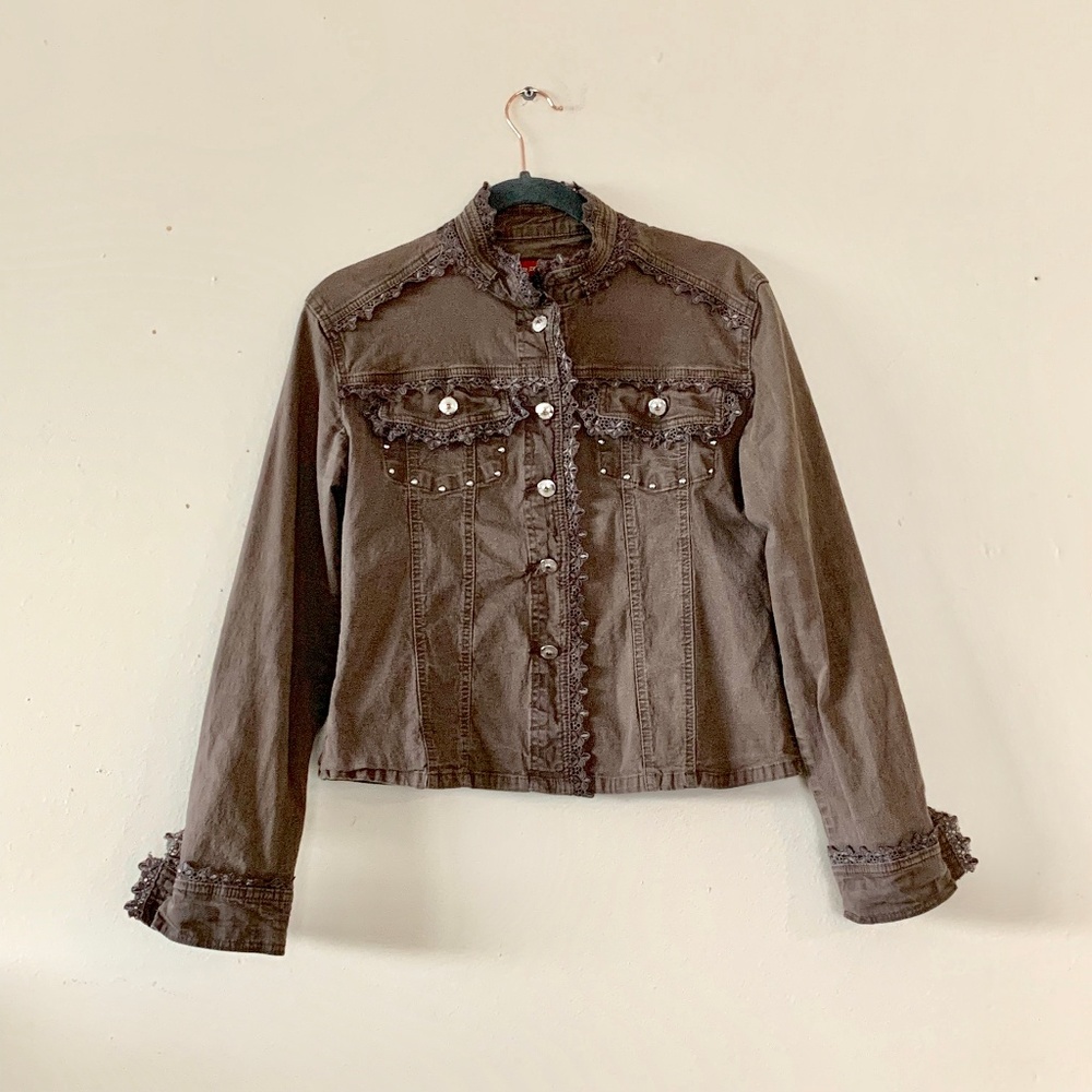 Brown Denim Jacket with Lace & Stud Detail